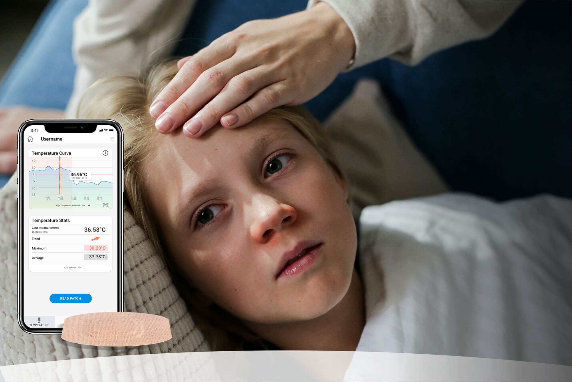 A sick young girl is lying in bed. Her mother`s hand is feeling her temperature on her forehead. An image of the STEADYTEMP® app screen and sensor patch are in the foreground.